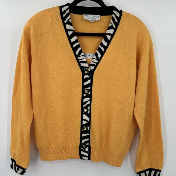 St. John by‎ Marie Gray Yellow Zebra Trim Blazer Cardigan 2 Piece Button Medium - Picture 1 of 12